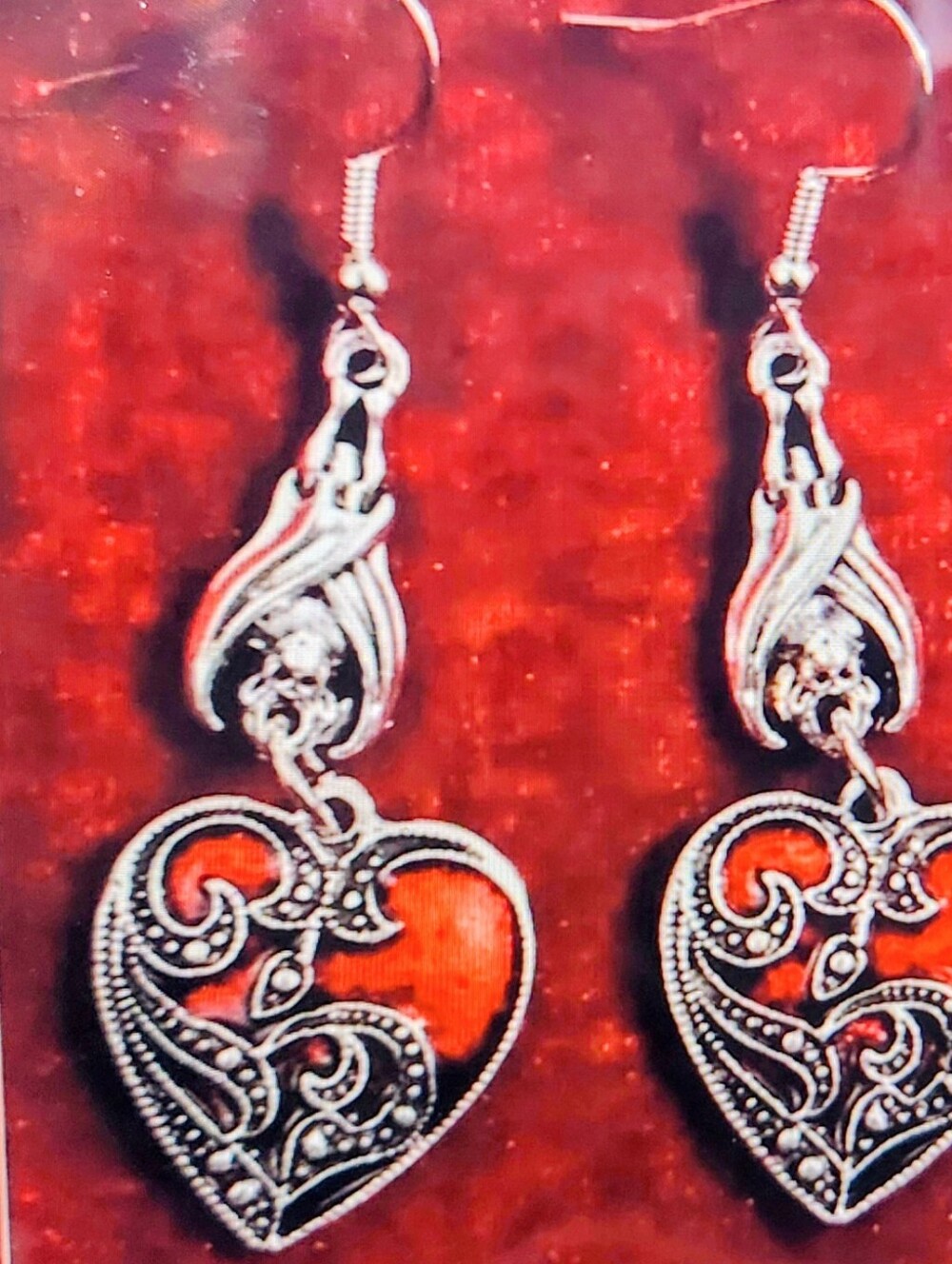 Silver Filigree Heart Drop Earrings with Red Enamel